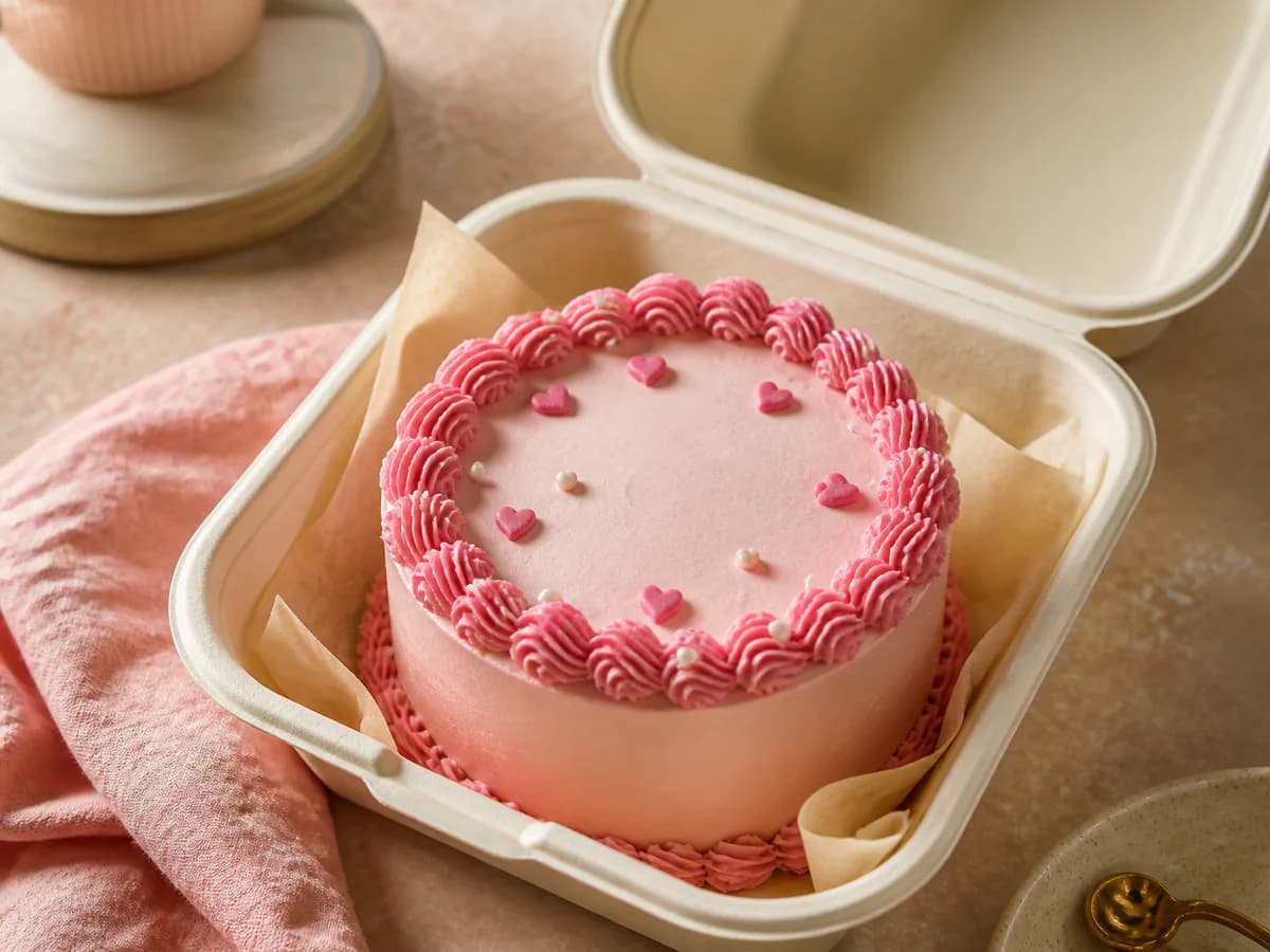 Small pink bento cake in an open cream takeaway box