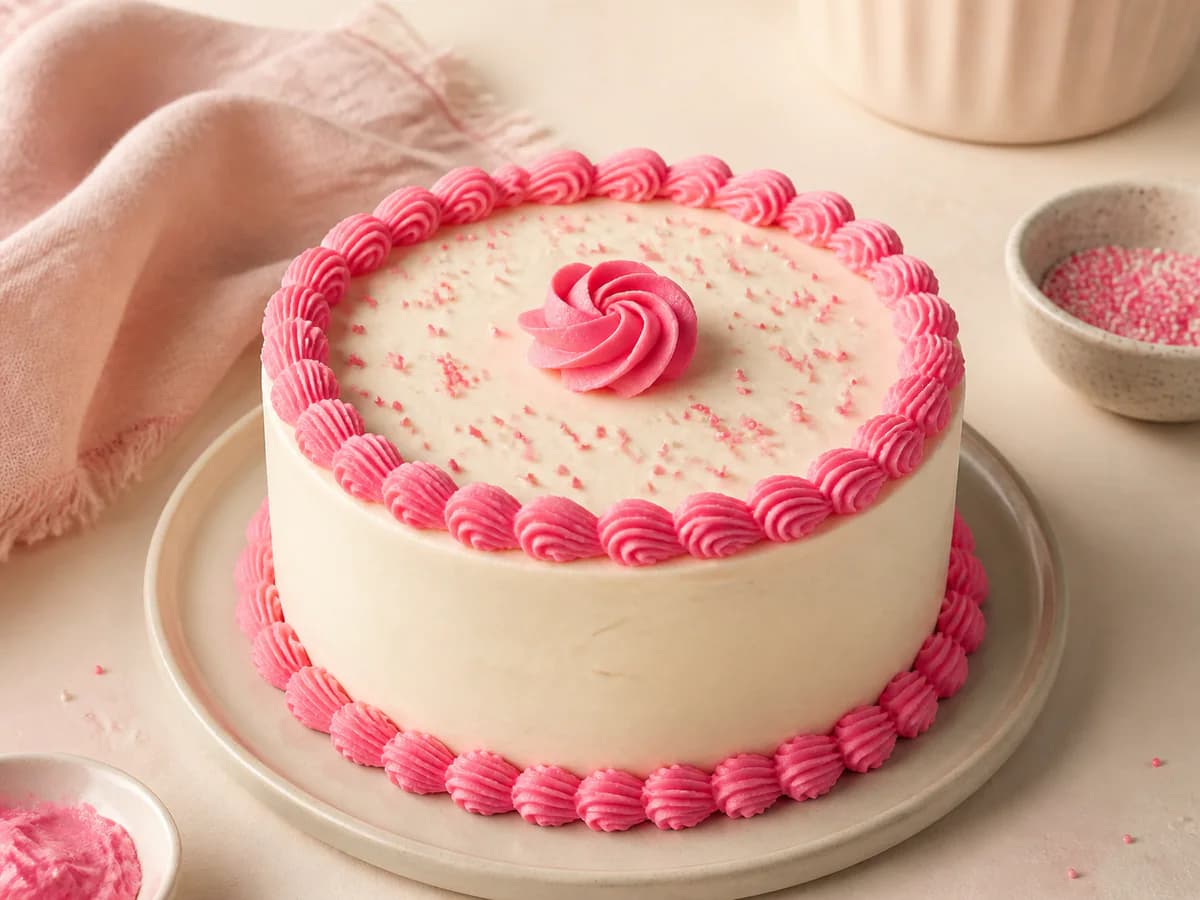 Simple cream budget cake with pink piped borders and sprinkles