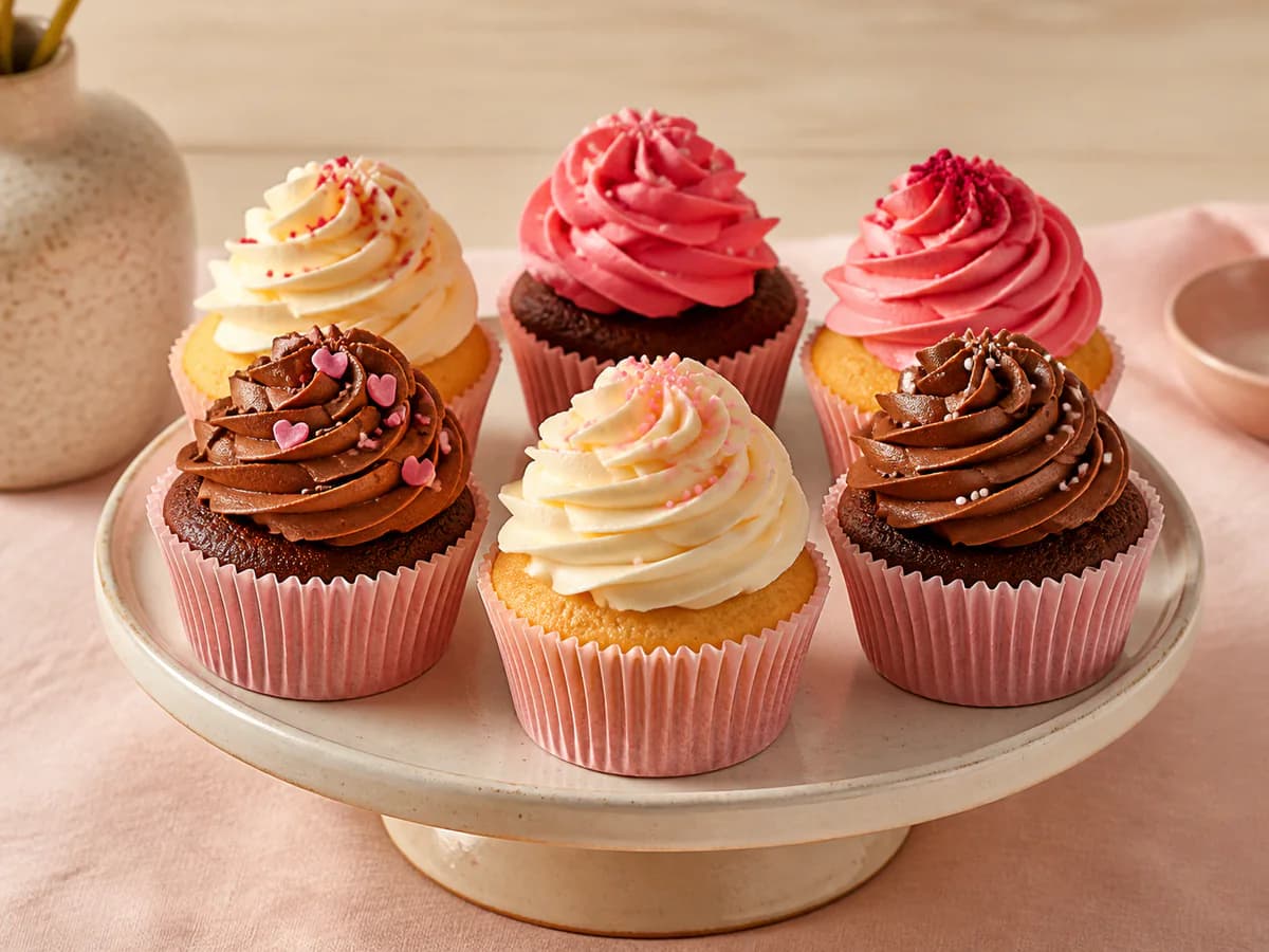 Vanilla and chocolate cupcakes with pink, cream, and chocolate frosting