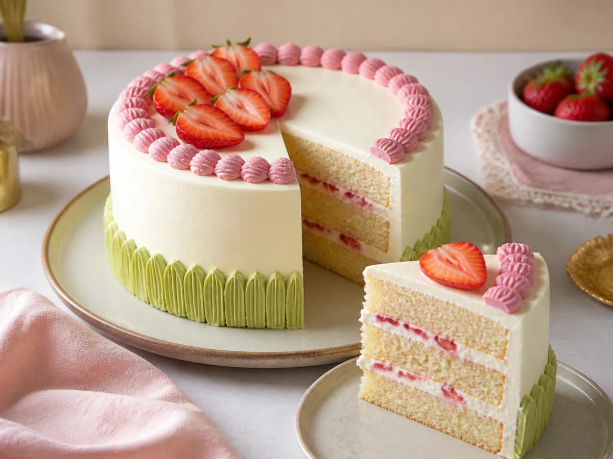 Eggless vanilla strawberry cake with a slice showing the sponge layers