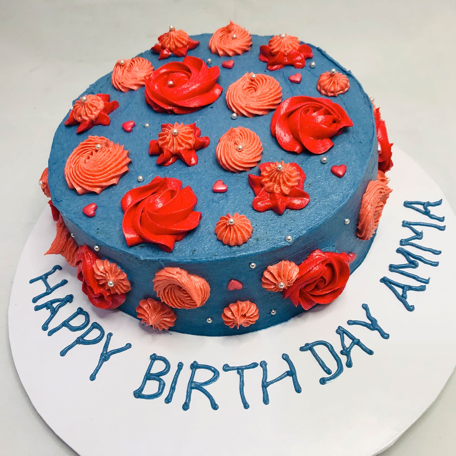 Blue Themed & Red Roses Birthday Cake