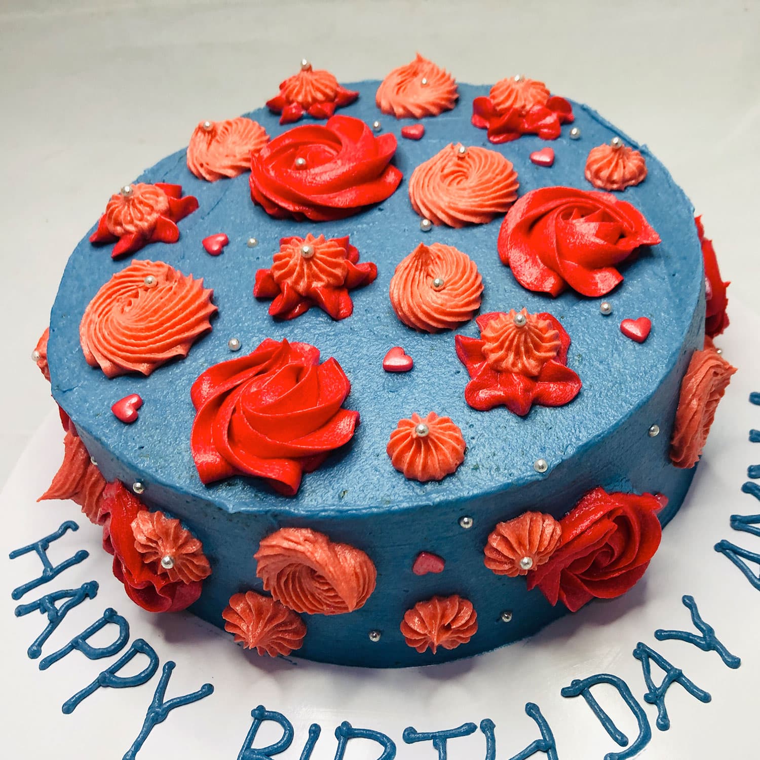 Blue Themed & Red Roses Birthday Cake — image 2